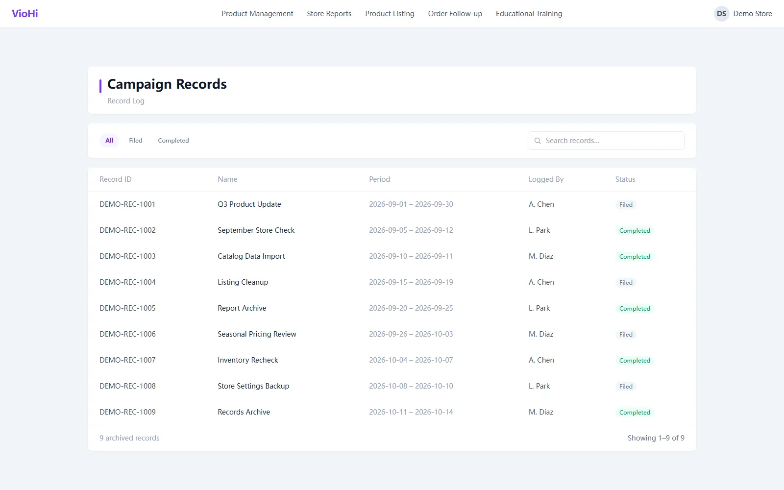 VioHi campaign records screen