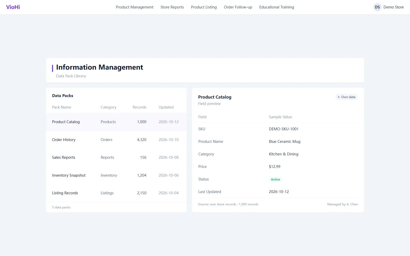 VioHi data pack library screen