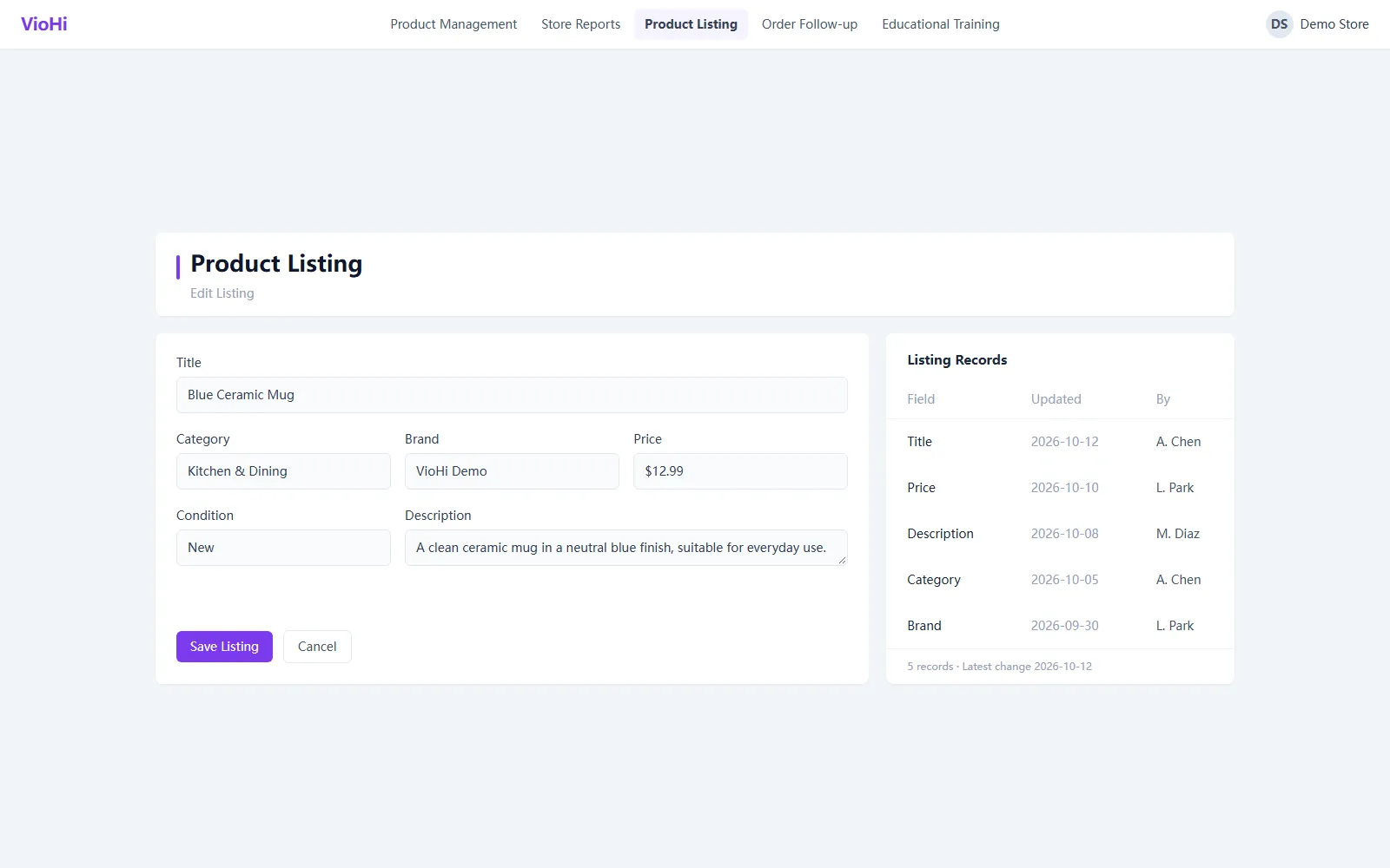 VioHi product listing screen