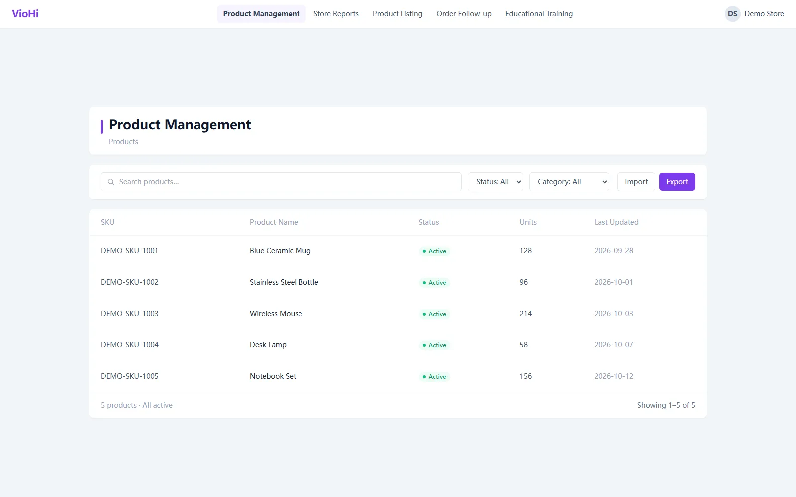 VioHi product management screen